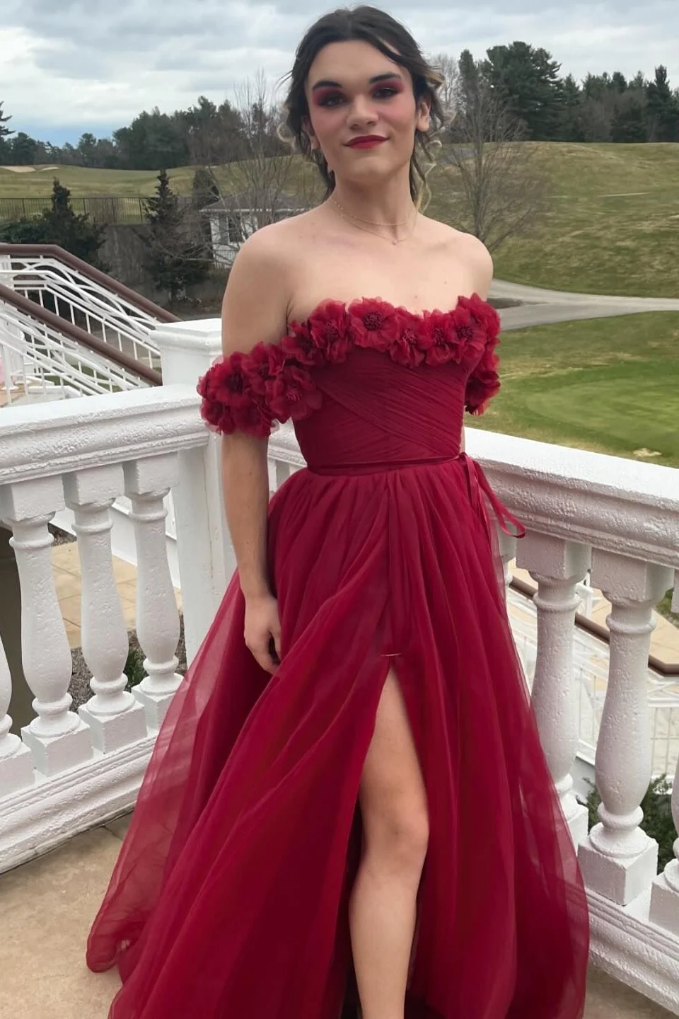 Flowers Off the Shoulder Pink Tulle A-line Formal Dress - Image 6