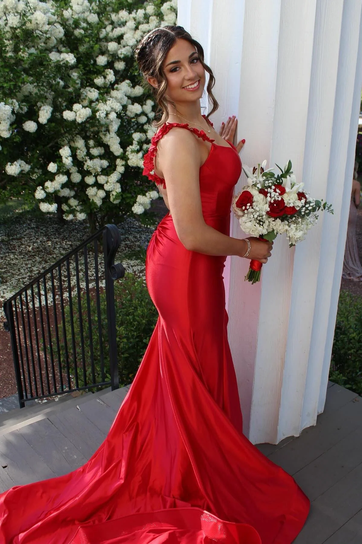 Flowers Straps Fuchsia Satin Mermaid Formal Dress - Image 4