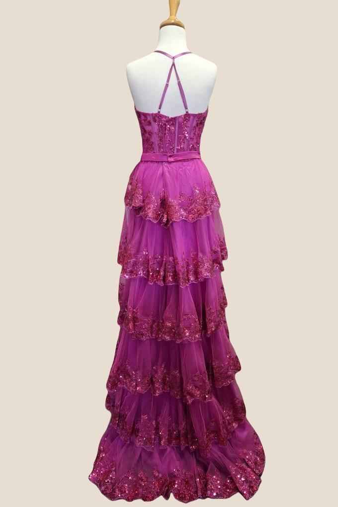 Fuchsia Sequin Appliques Tiered Long Dress - Image 2