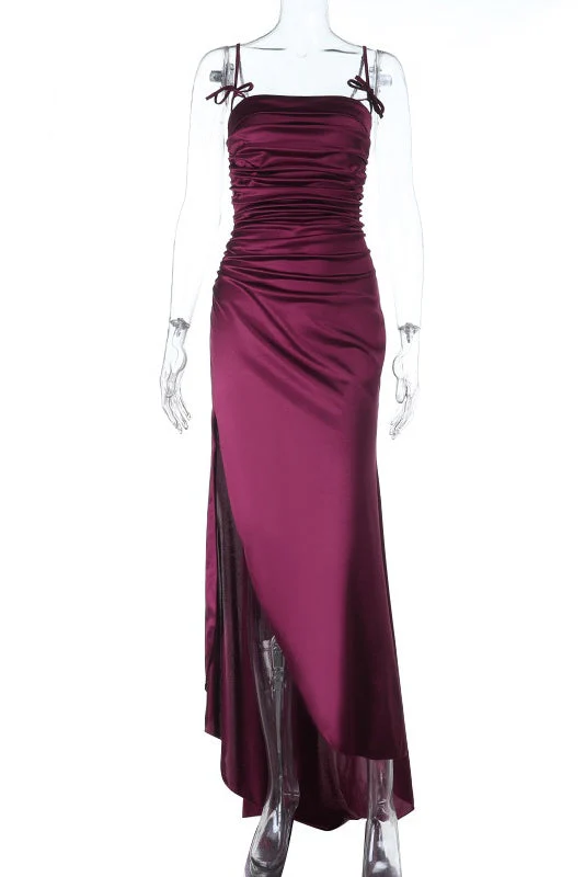 Burgundy Straps Ruched Slit Long Dress - Image 2