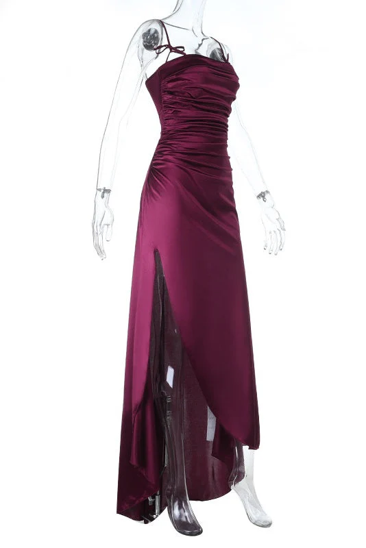 Burgundy Straps Ruched Slit Long Dress - Image 3