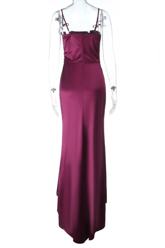 Burgundy Straps Ruched Slit Long Dress - Image 4