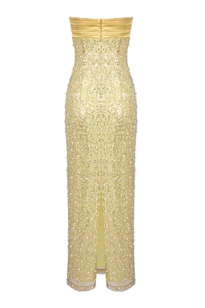 Gold Strapless Pearls Fitted Maxi Dress - Image 2