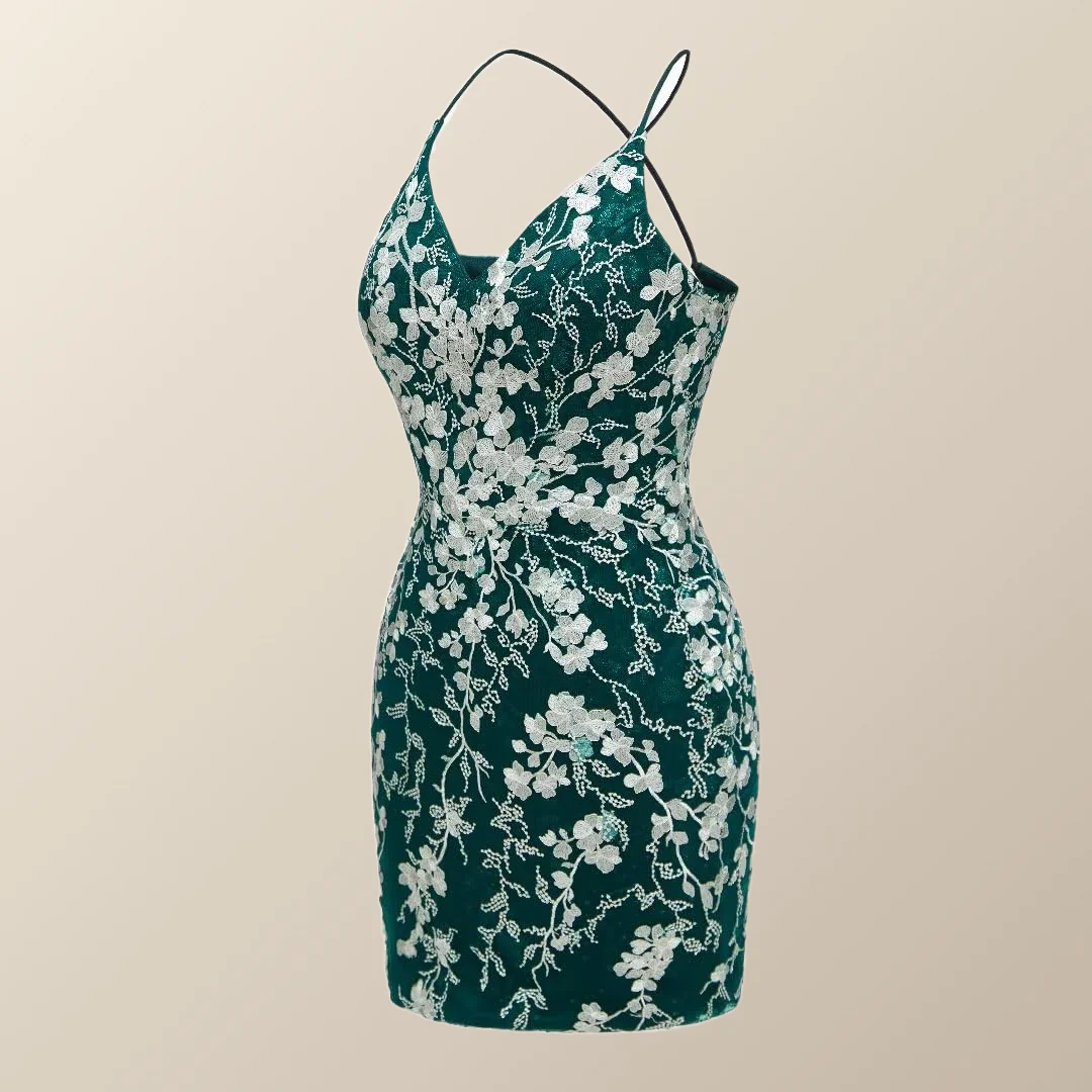 Green and White Floral Tight Mini Dress - Image 2