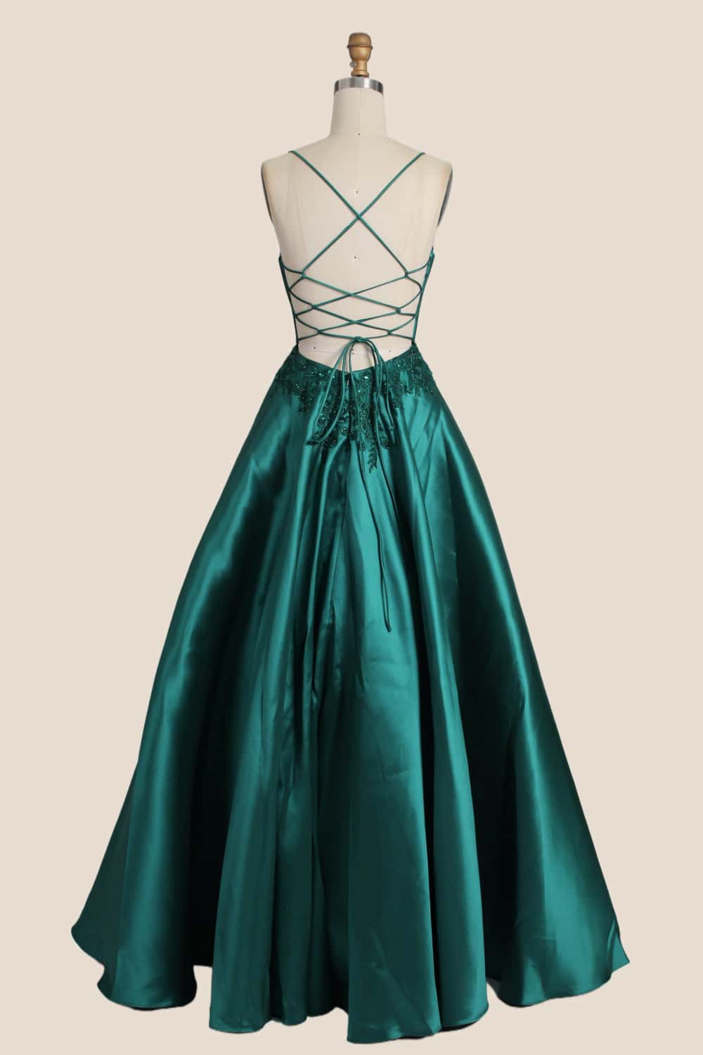 Green Appliques Satin Straps A-line Dress - Image 2