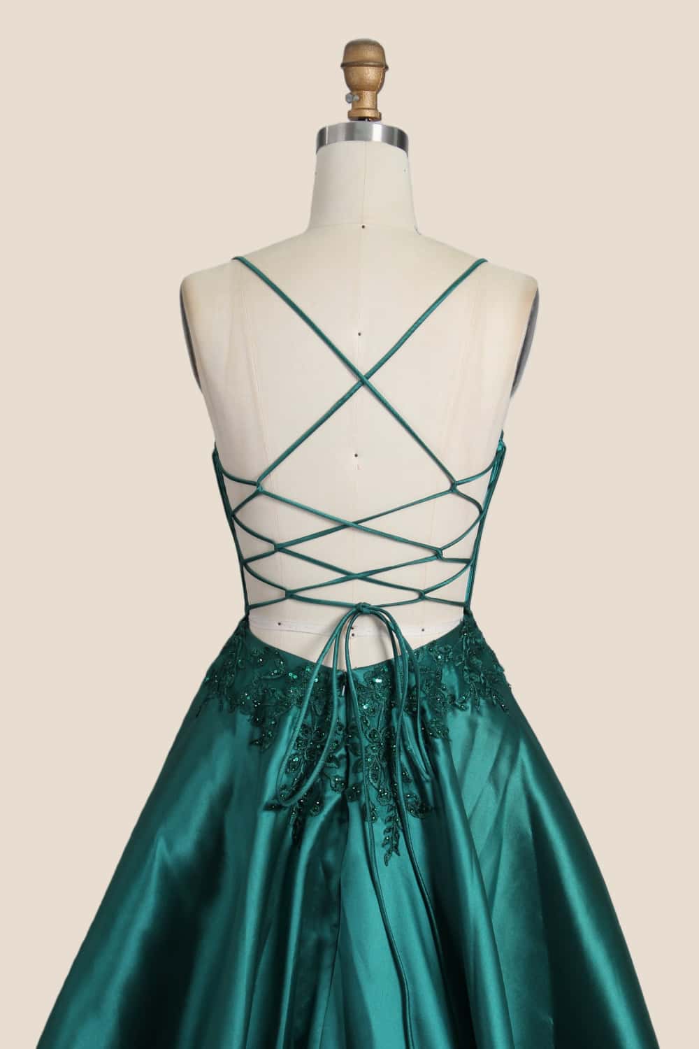 Green Appliques Satin Straps A-line Dress - Image 3
