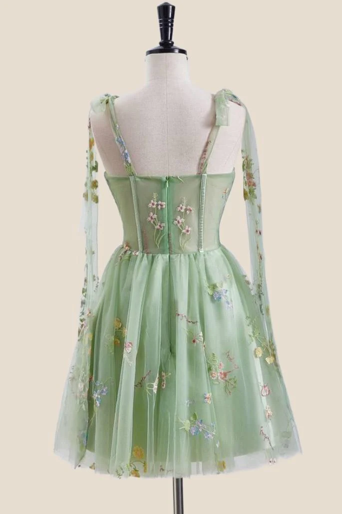 Green Floral Embroidery Corset A-line Short Fairytale Dress - Image 2