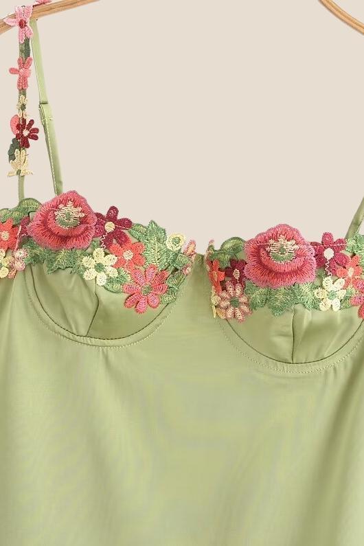 Green Floral Embroidery Short Princess Dress - Image 3