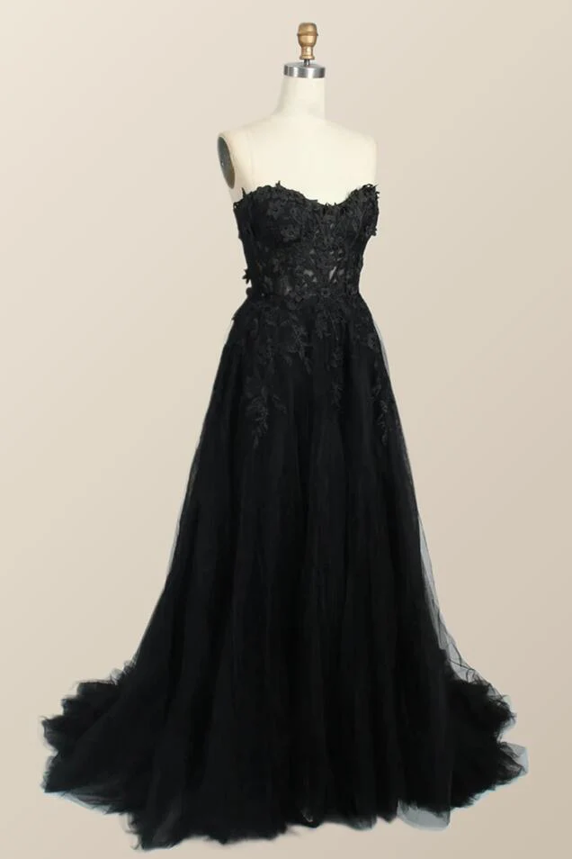 Black Floral Embroidery Strapless A-line Formal Dress - Image 25