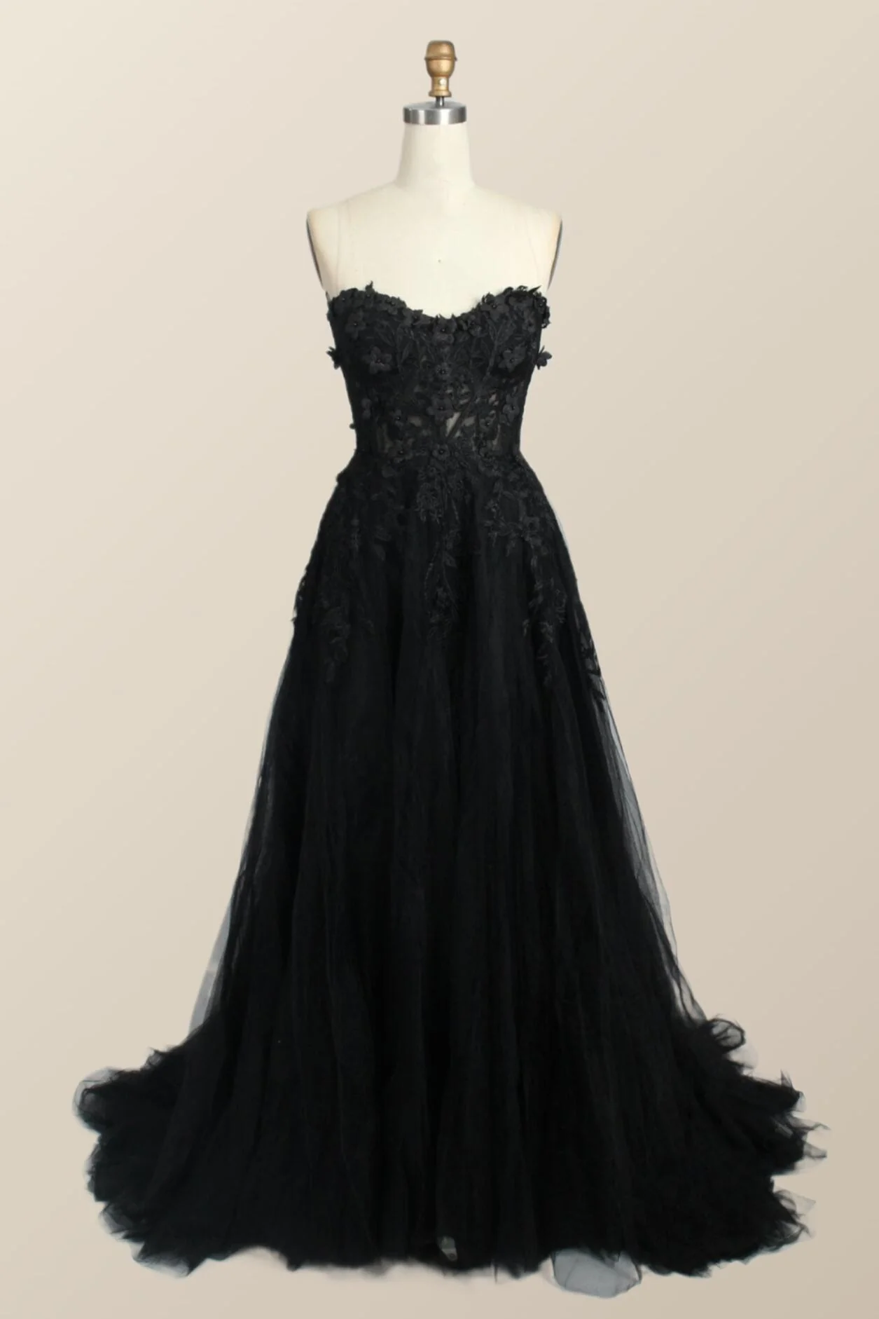 Black Floral Embroidery Strapless A-line Formal Dress - Image 2