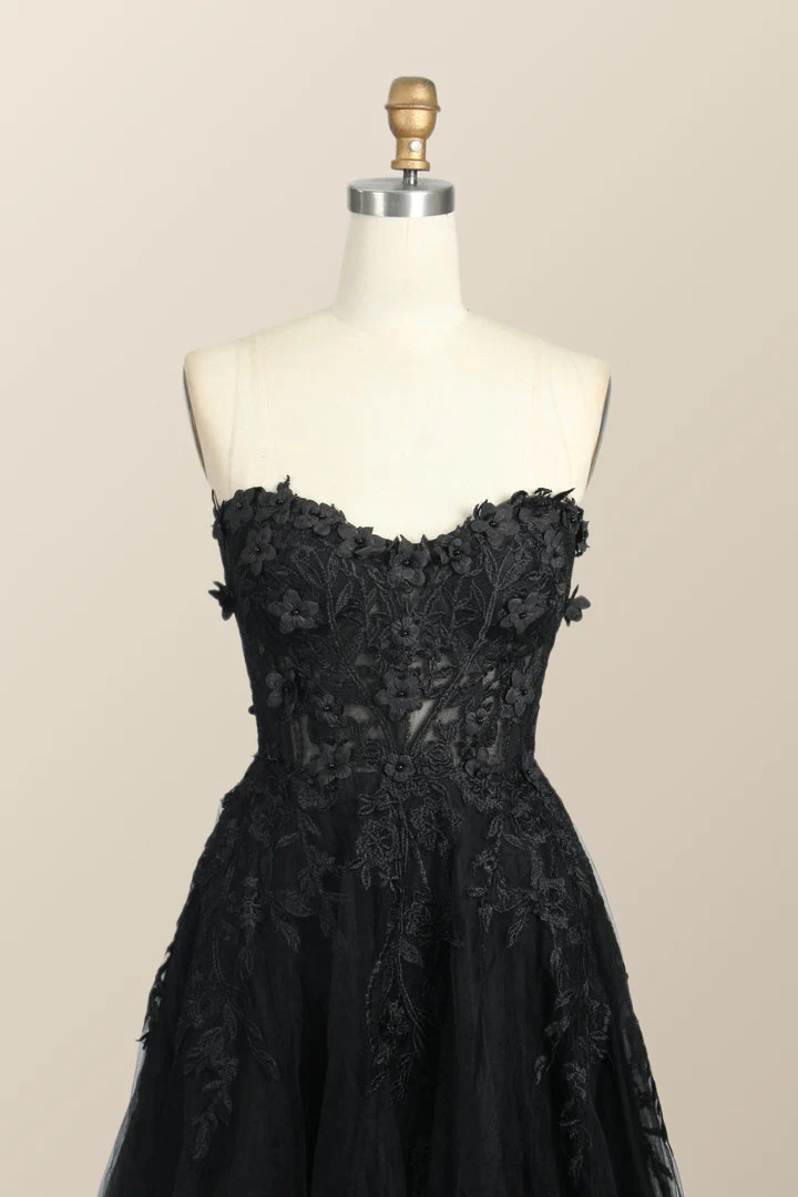 Black Floral Embroidery Strapless A-line Formal Dress - Image 3