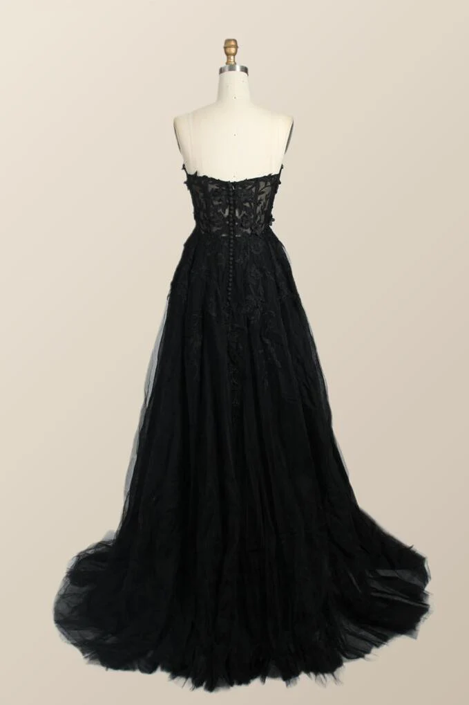 Black Floral Embroidery Strapless A-line Formal Dress - Image 4
