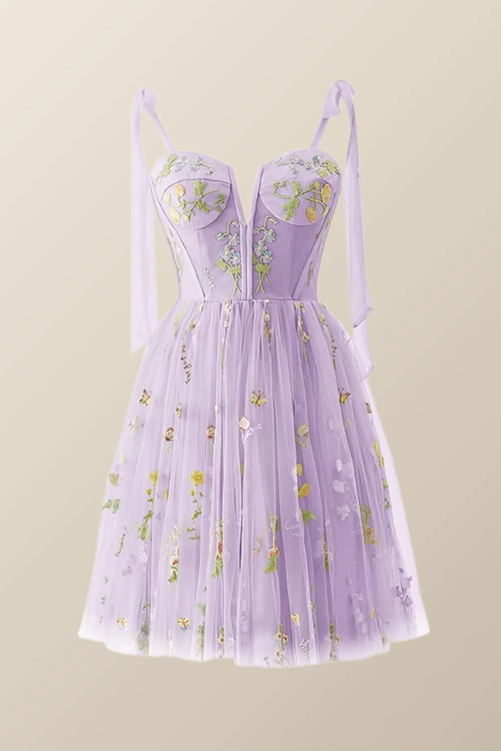 Green Floral Tulle A-line Short Dress with Tie Shoulders - Image 3