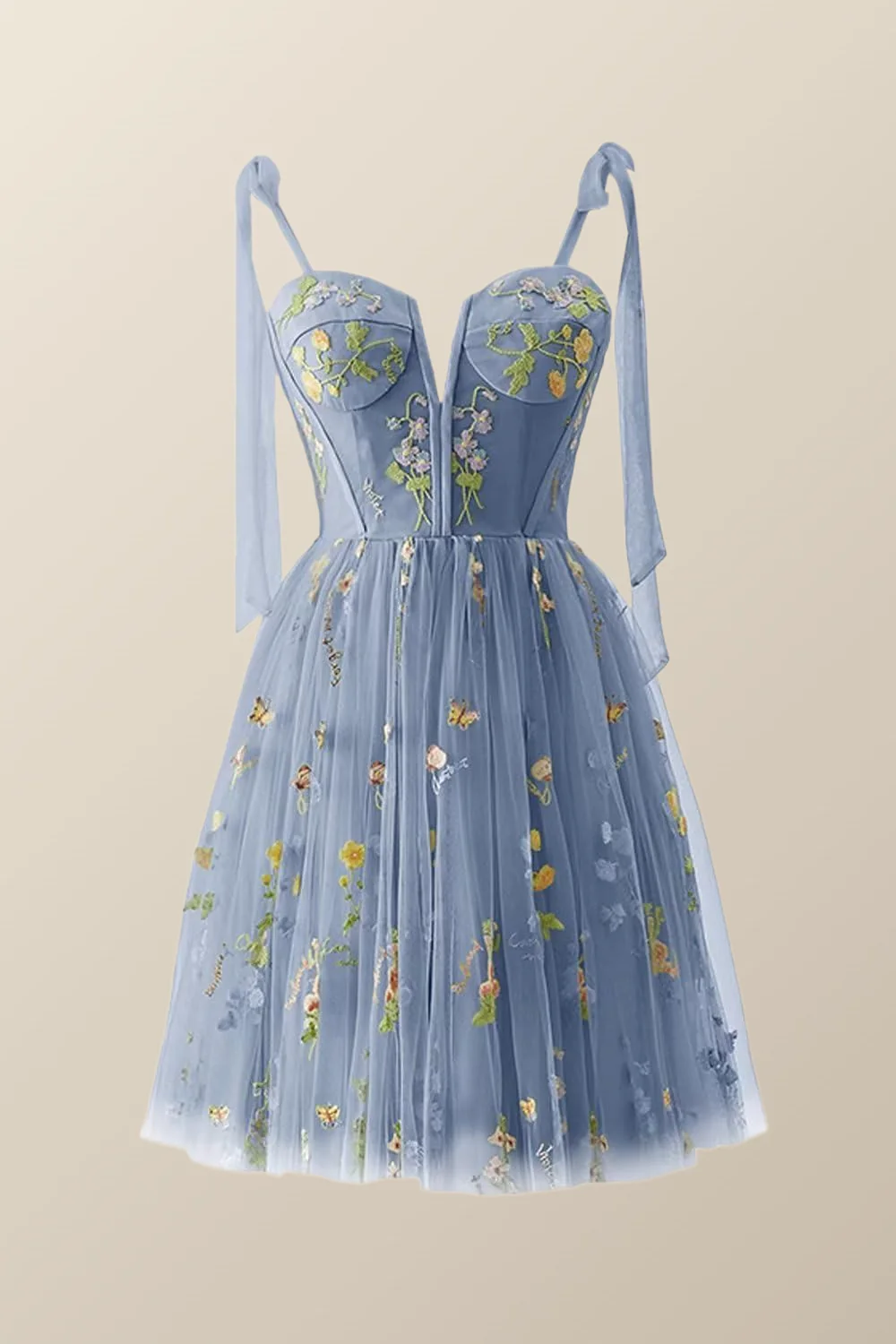 Green Floral Tulle A-line Short Dress with Tie Shoulders - Image 4