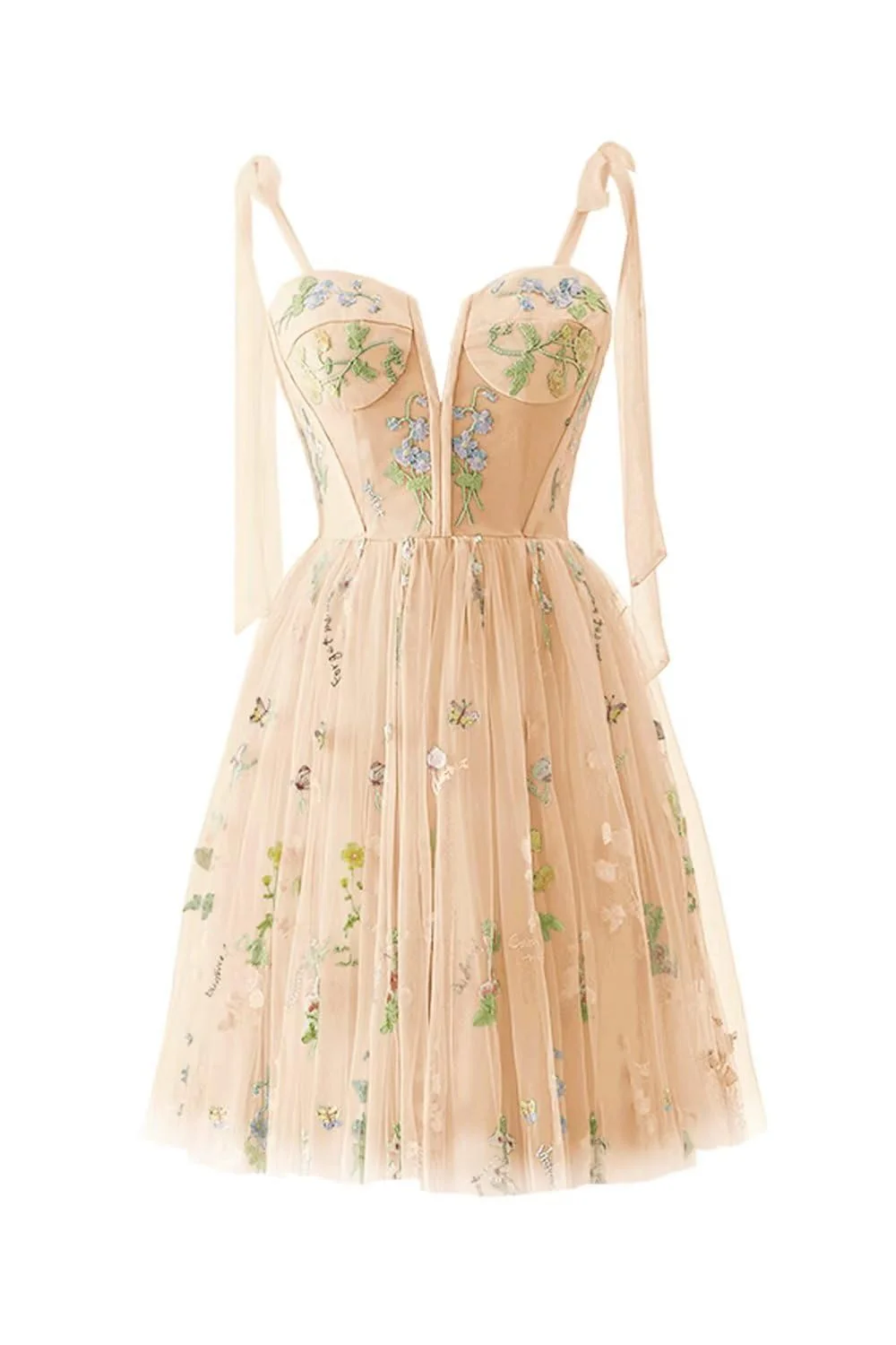 Green Floral Tulle A-line Short Dress with Tie Shoulders - Image 7
