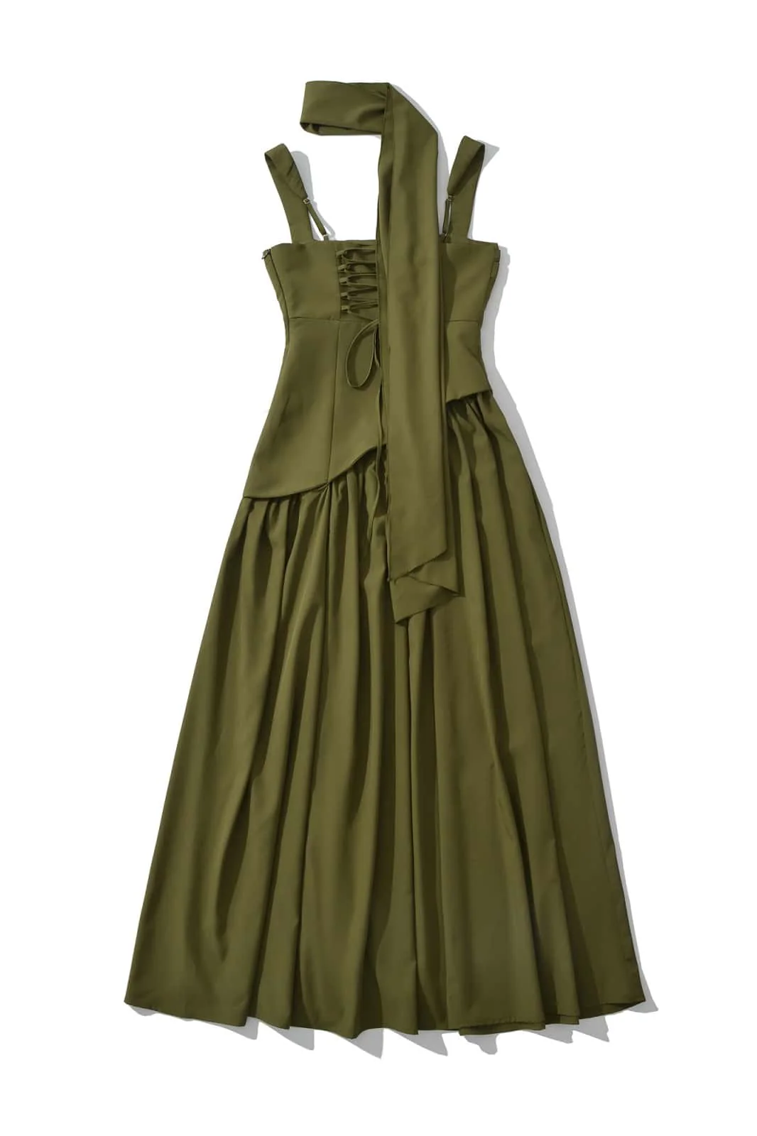 Green Ruched Waist Maxi Dress with Scarf - Image 2