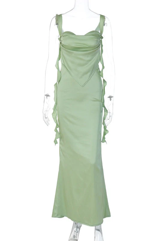 Green Ruffle Straps Fitted Long Maxi Dress - Image 5