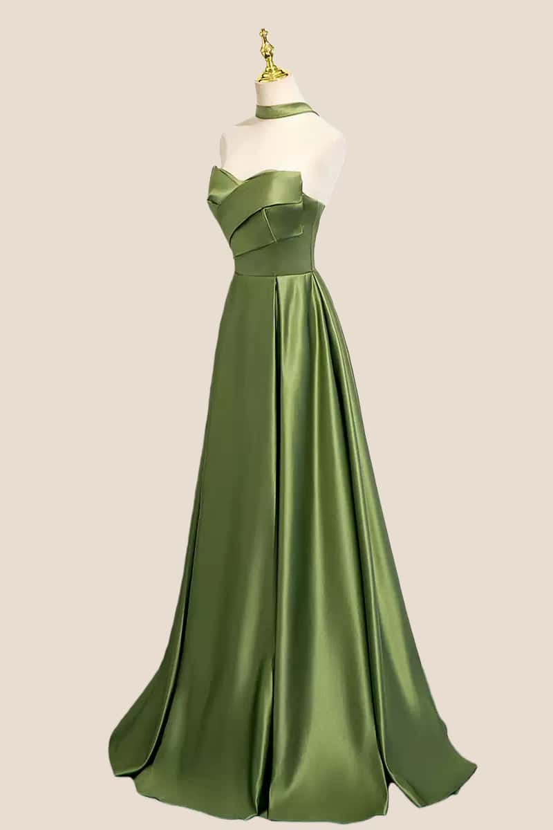 Green Satin Ruched A-line Long Formal Dress - Image 2