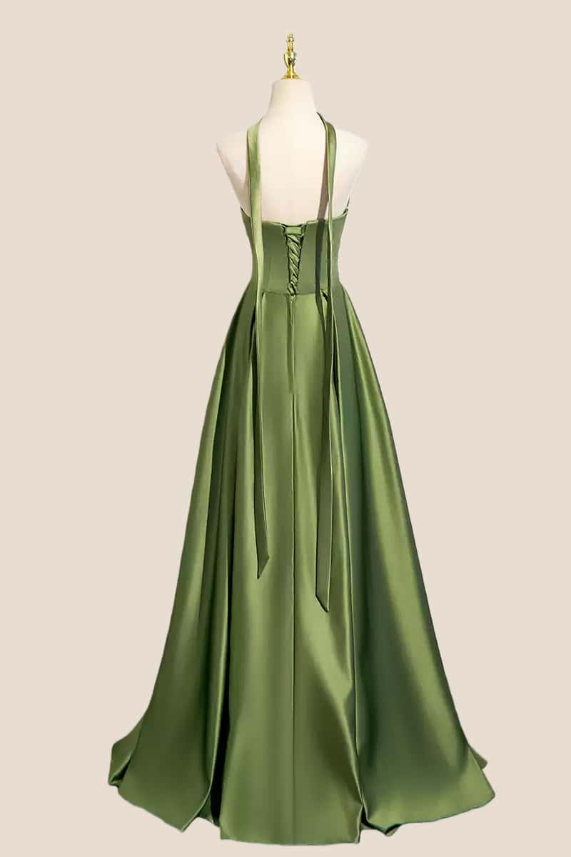 Green Satin Ruched A-line Long Formal Dress - Image 3