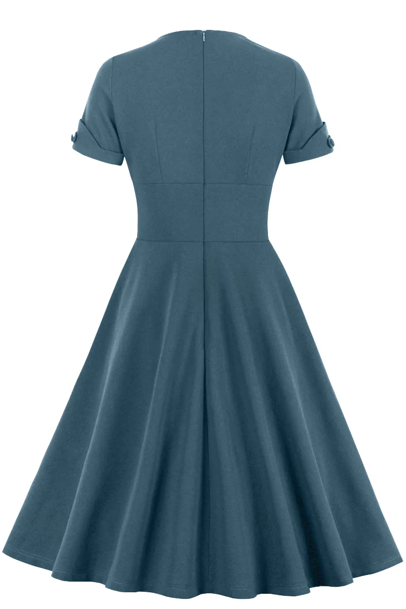 Green V Neck A-line Short Dress with Short Sleeves - Image 11