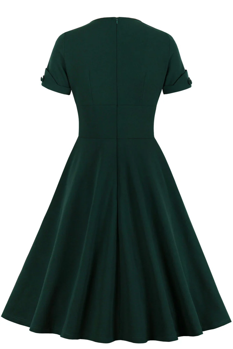 Green V Neck A-line Short Dress with Short Sleeves - Image 2
