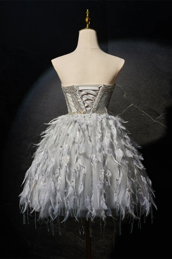 Grey Beaded Strapless Corset Princess Dress with Feathers - Image 2