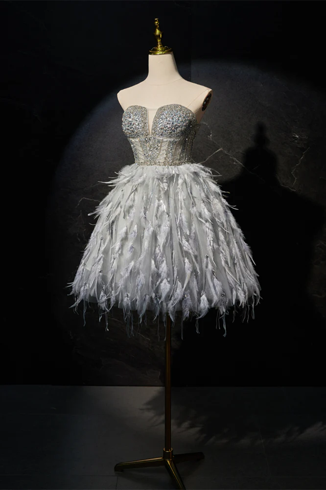 Grey Beaded Strapless Corset Princess Dress with Feathers - Image 3