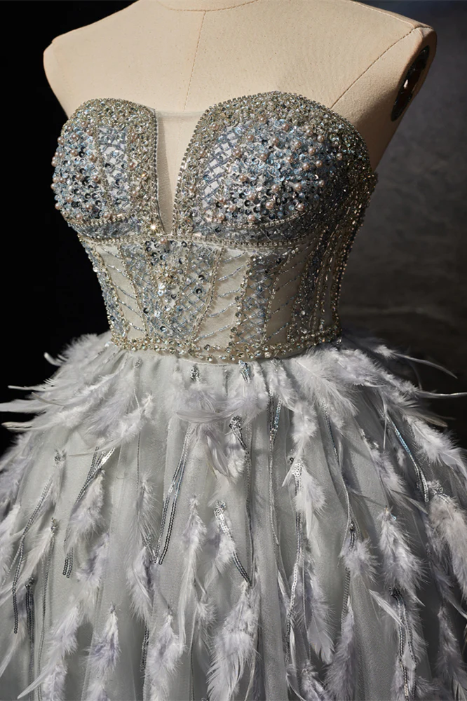 Grey Beaded Strapless Corset Princess Dress with Feathers - Image 4
