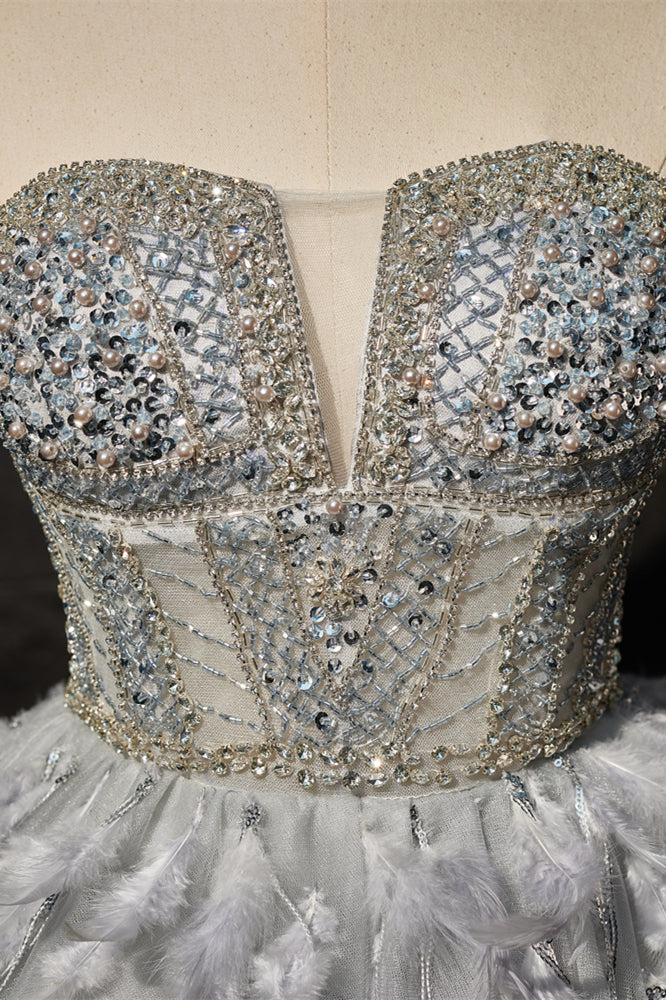 Grey Beaded Strapless Corset Princess Dress with Feathers - Image 5