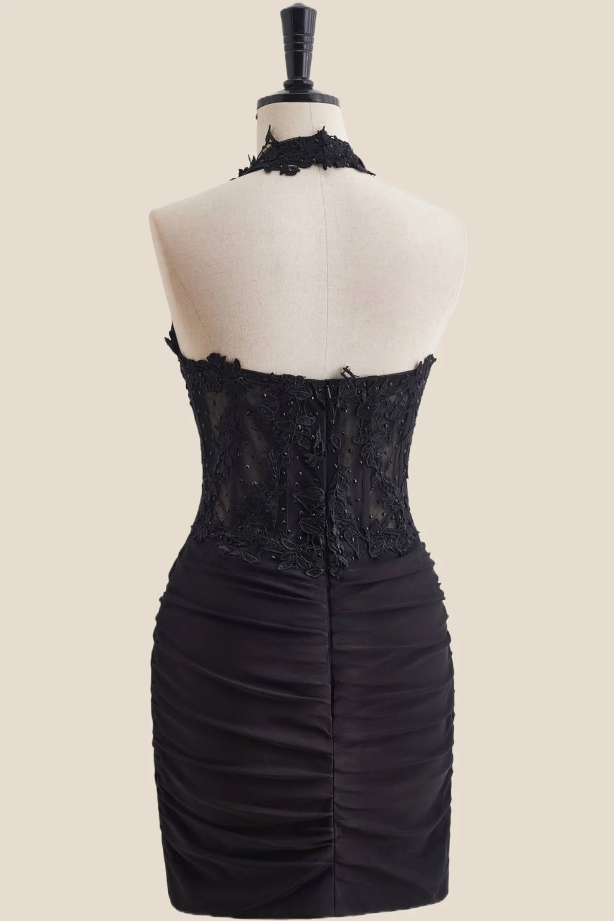 Halter Black Appliques Ruched Bodycon Short Dress - Image 2