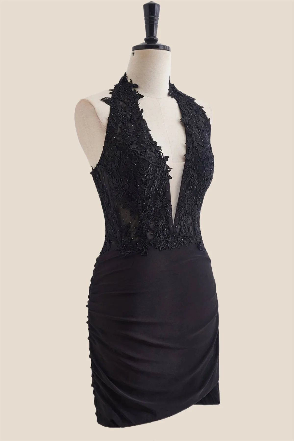 Halter Black Appliques Ruched Bodycon Short Dress - Image 4