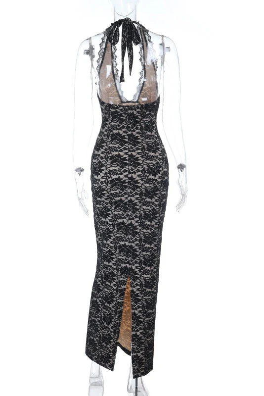 Halter Black Lace Fitted Long Dress - Image 2