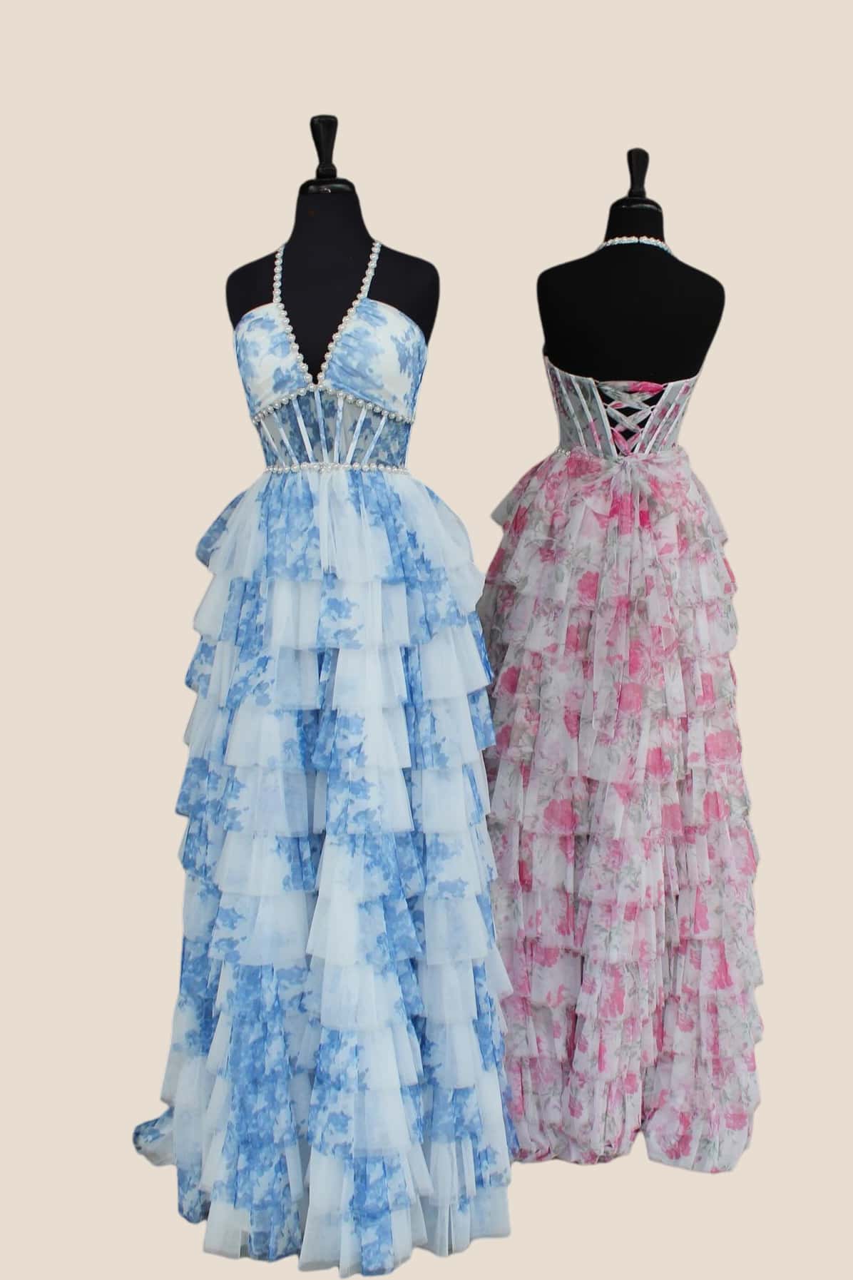 Halter Blue Floral Print Tiered Long Dress with Pearls - Image 2