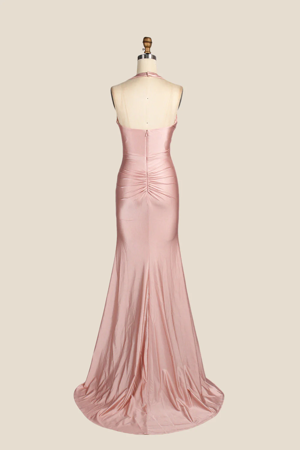 Halter Blush Pink Ruched Long Dress with Slit - Image 2