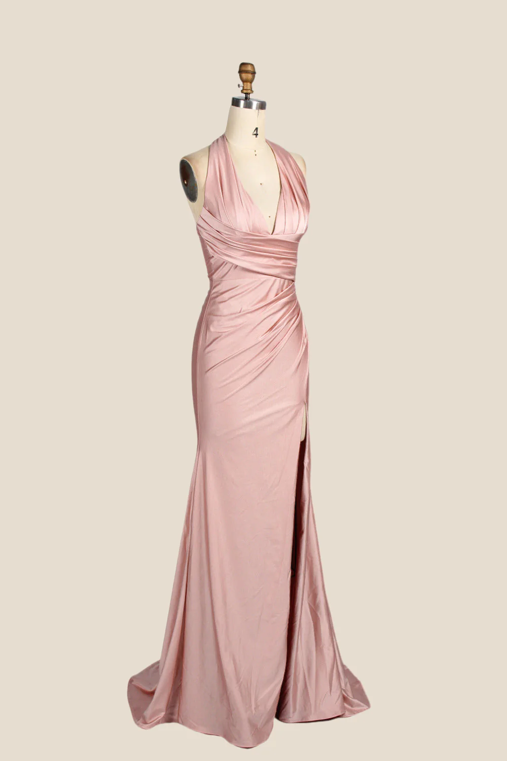 Halter Blush Pink Ruched Long Dress with Slit - Image 3