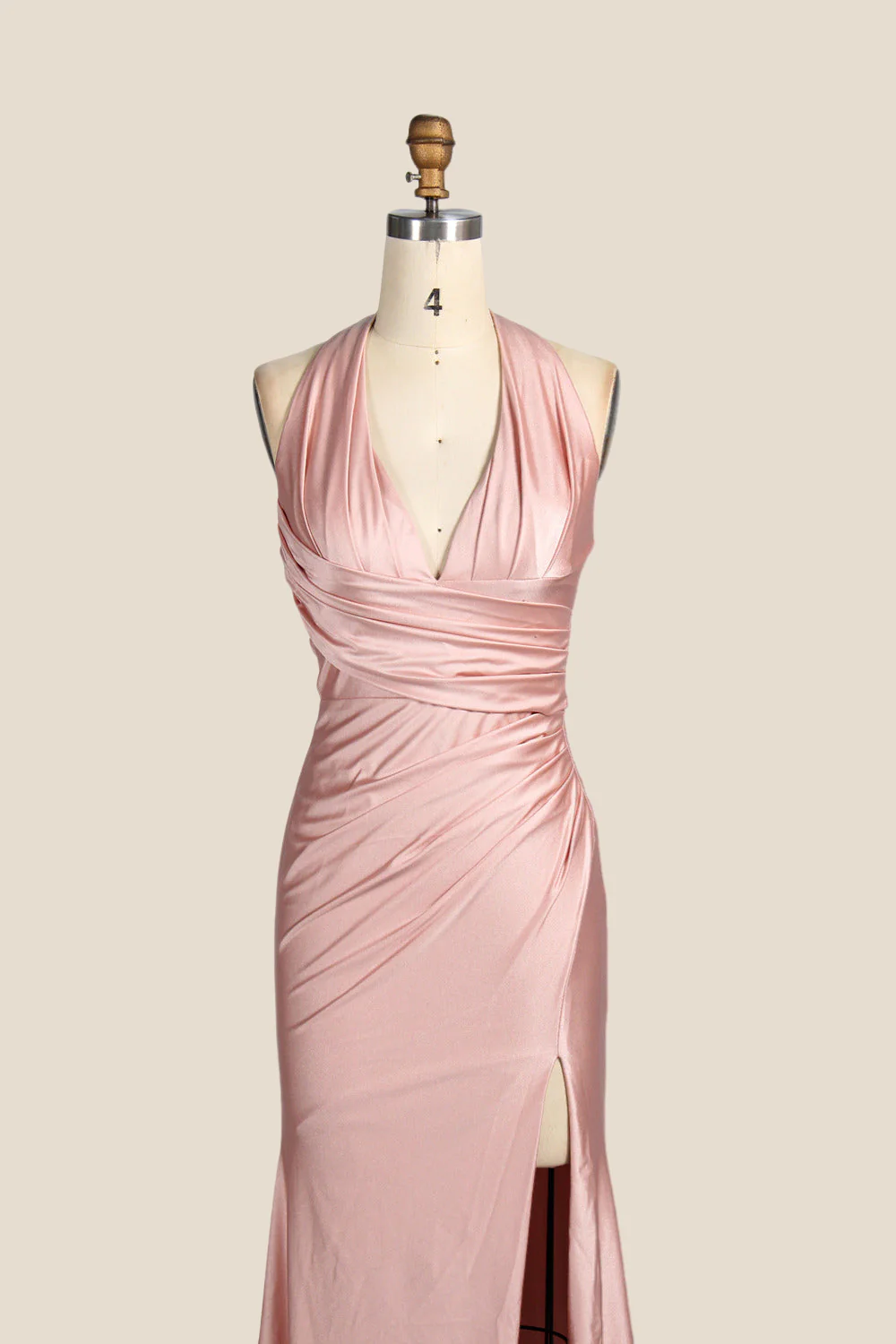 Halter Blush Pink Ruched Long Dress with Slit - Image 4
