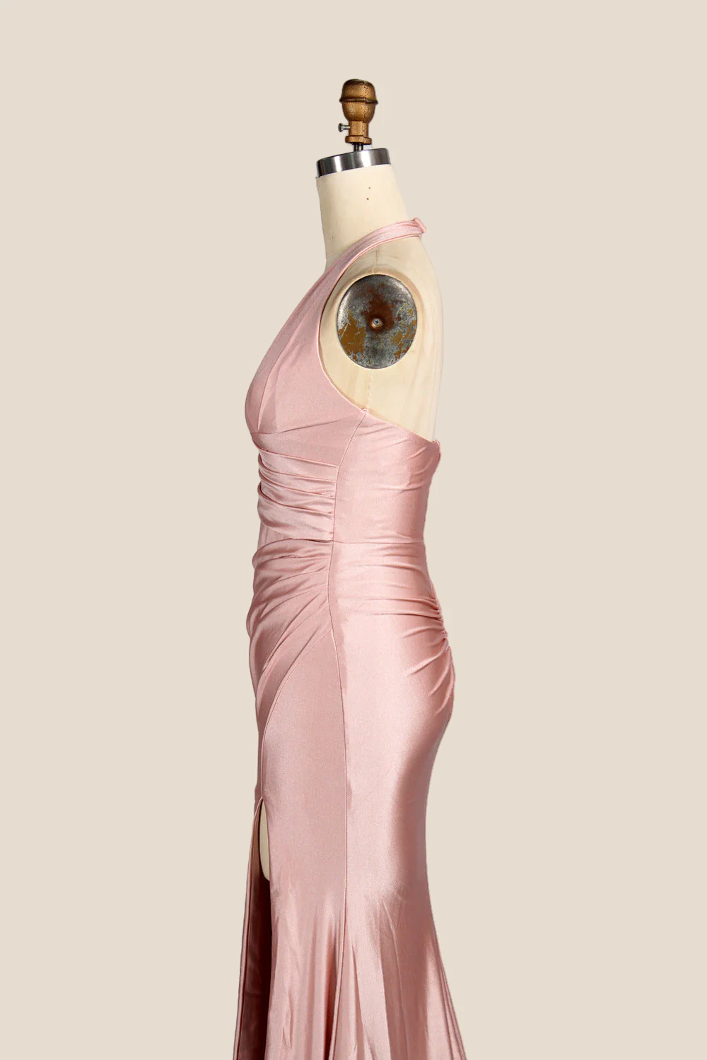Halter Blush Pink Ruched Long Dress with Slit - Image 5