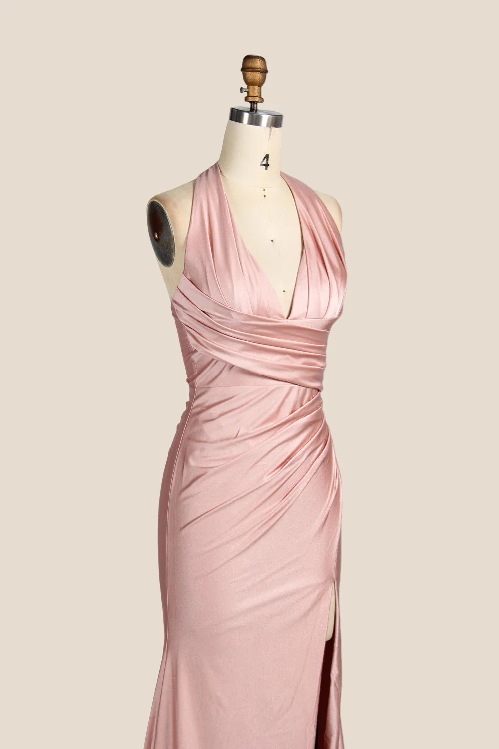 Halter Blush Pink Ruched Long Dress with Slit - Image 6
