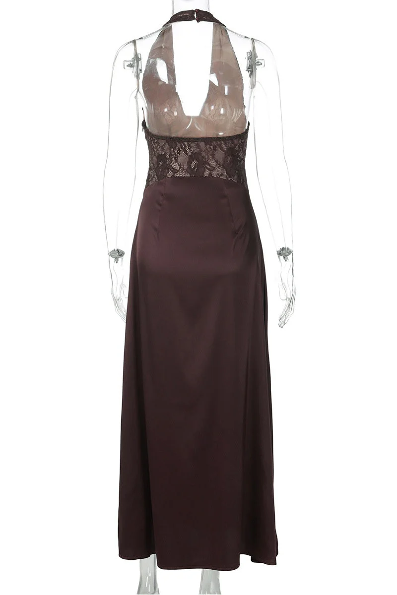 Halter Brown Lace Column Long Dress - Image 2
