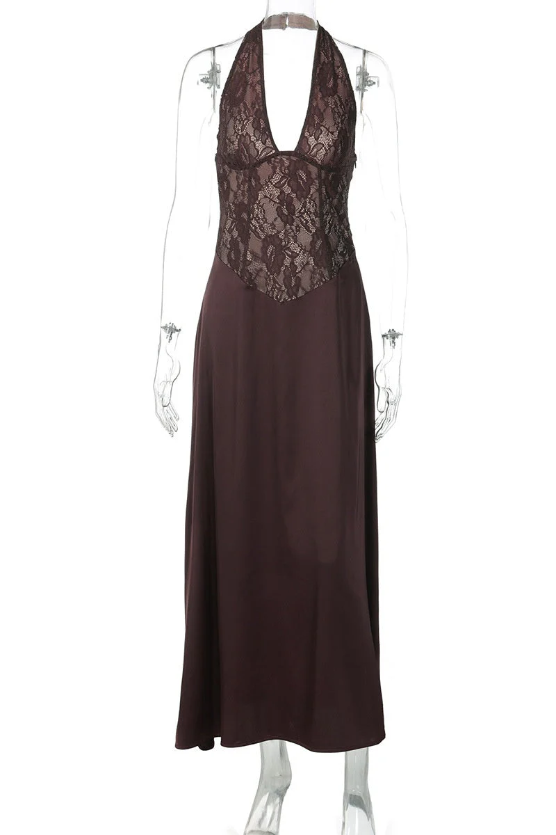 Halter Brown Lace Column Long Dress - Image 3