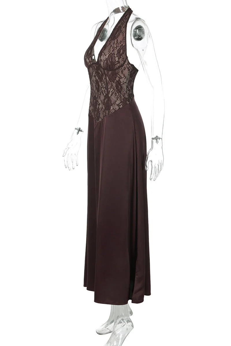 Halter Brown Lace Column Long Dress - Image 4