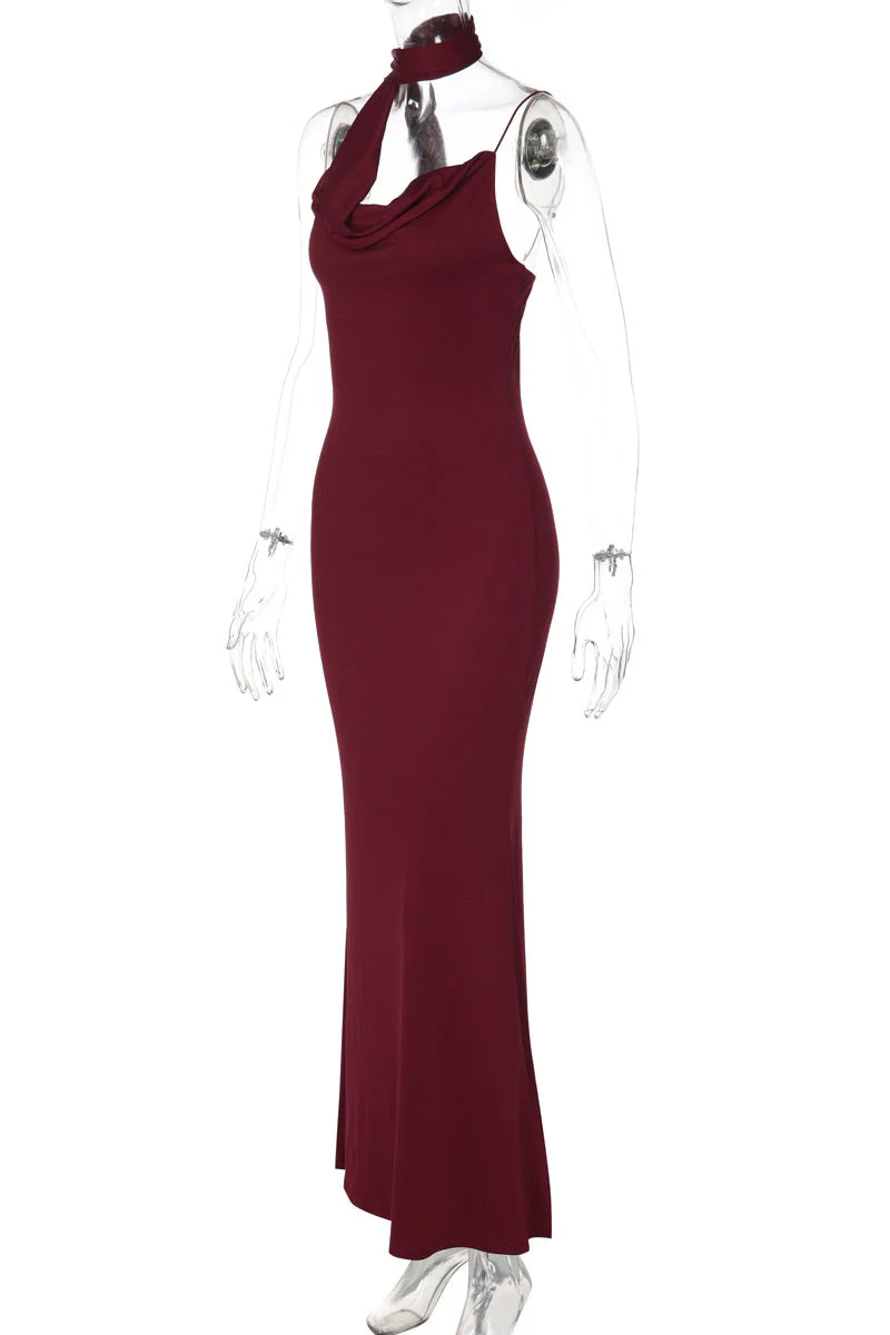 Halter Burgundy Cowl Neck Fitted Long Dress - Image 4