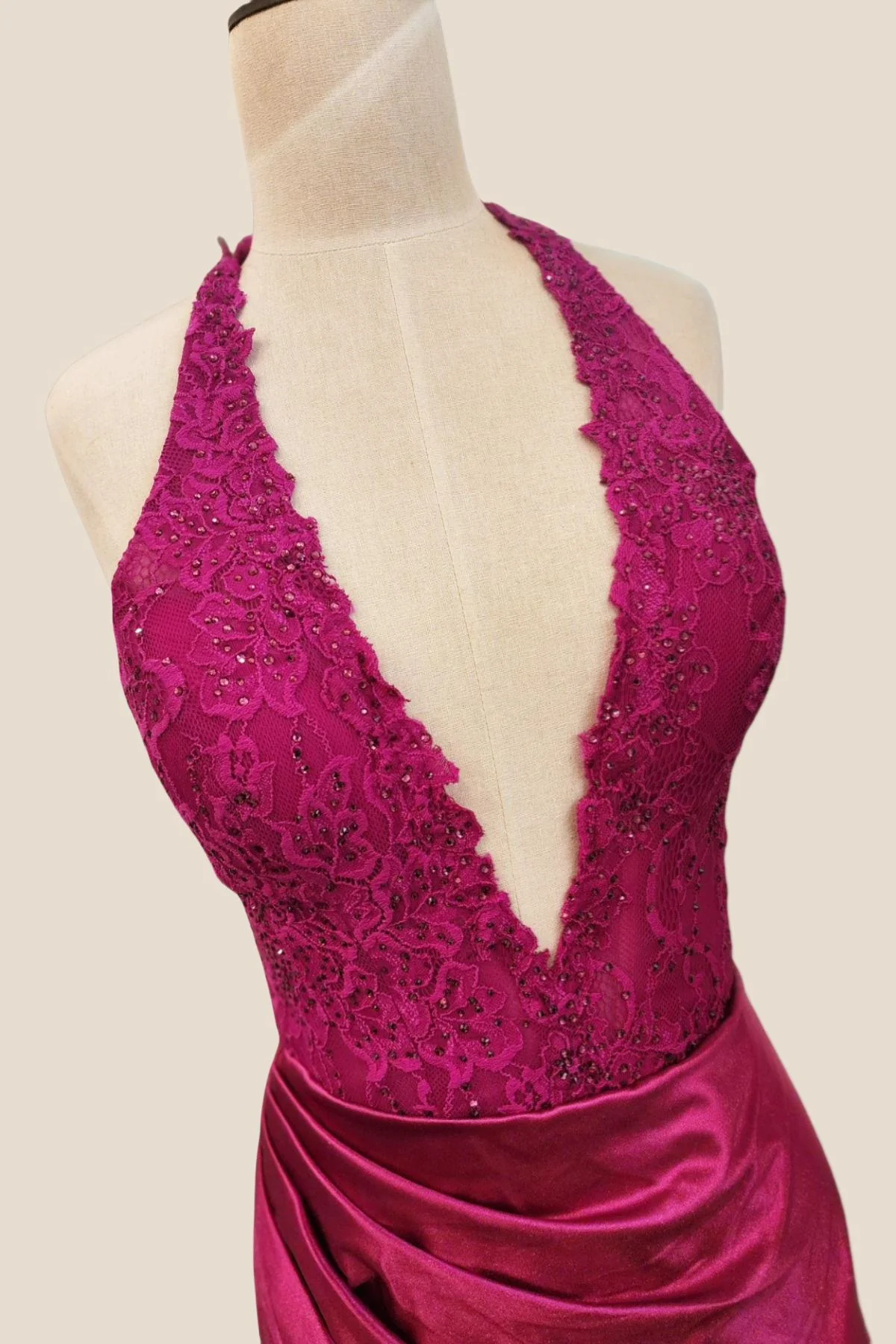 Halter Fuchsia Lace Long Dress with Slit - Image 2