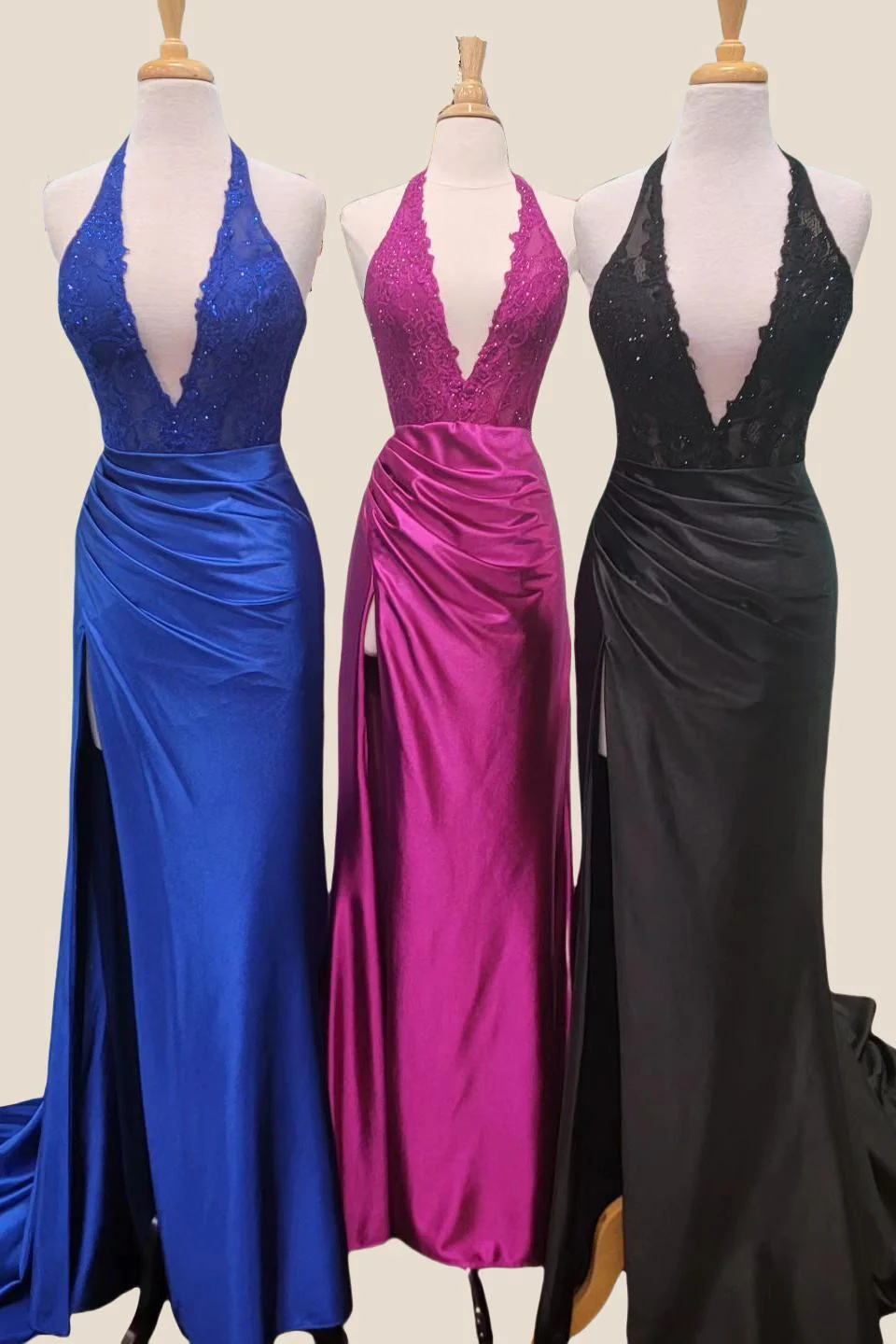 Halter Fuchsia Lace Long Dress with Slit - Image 4