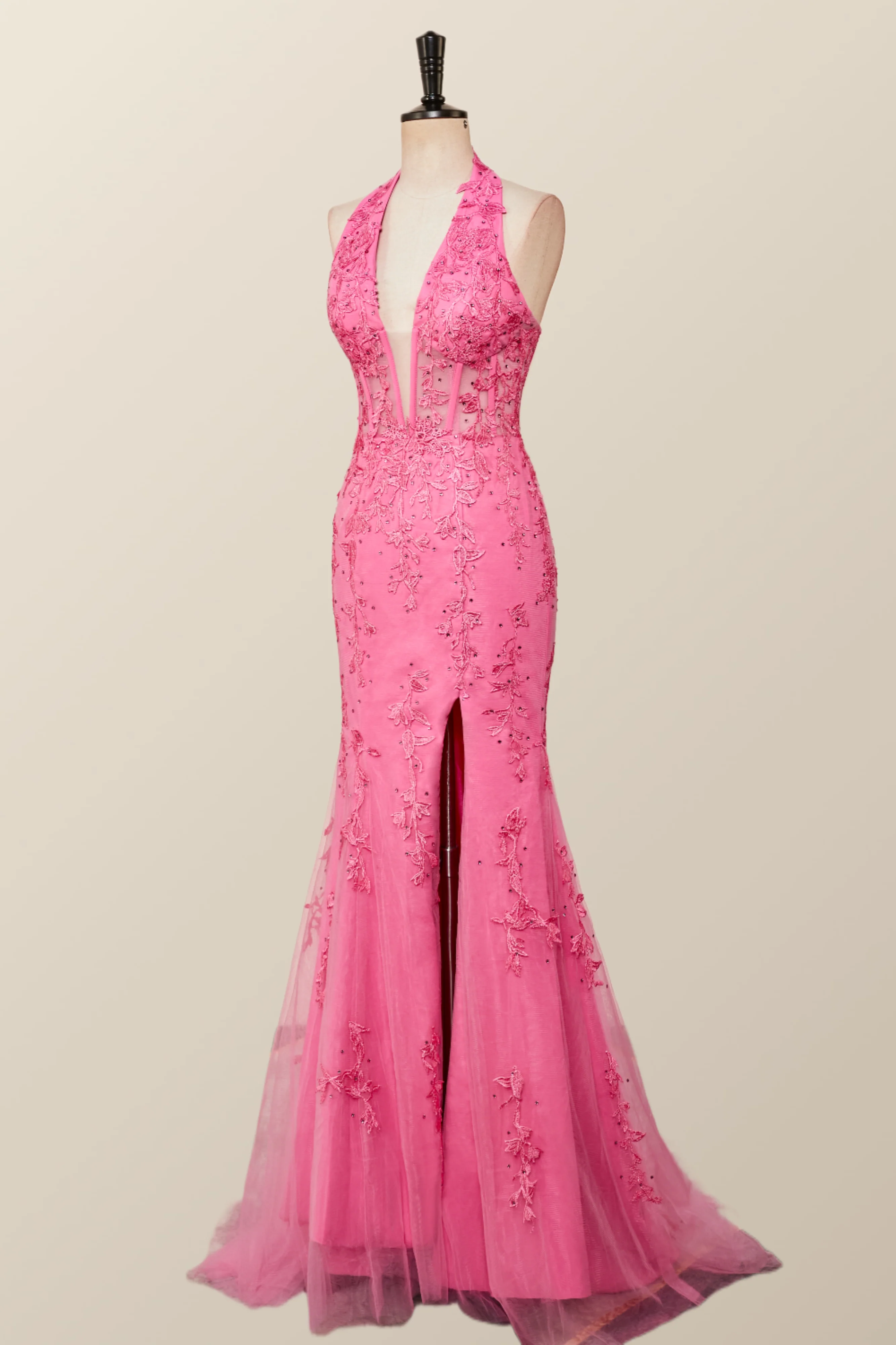 Halter Hot Pink Lace Mermaid Prom Dress - Image 10