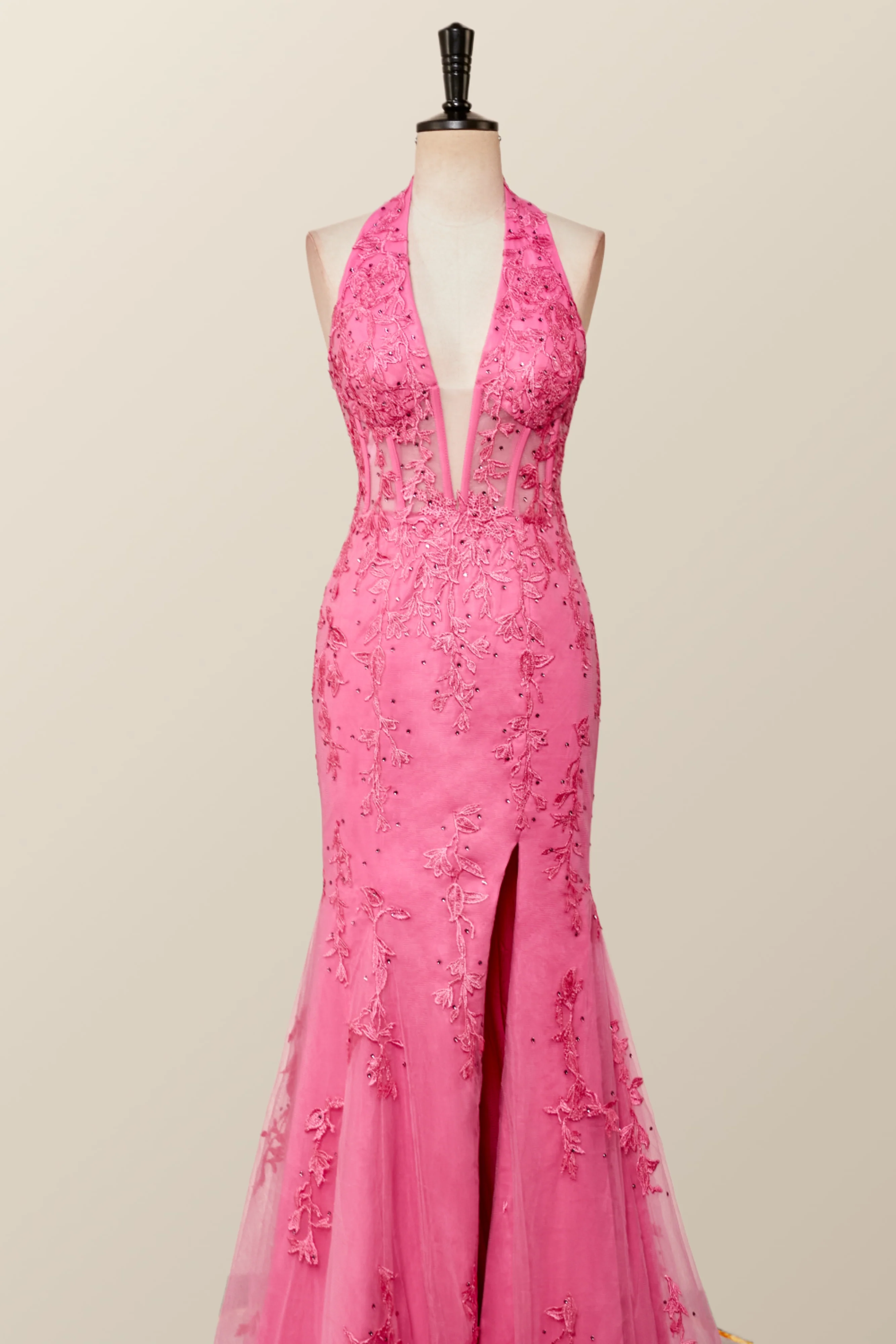 Halter Hot Pink Lace Mermaid Prom Dress - Image 11