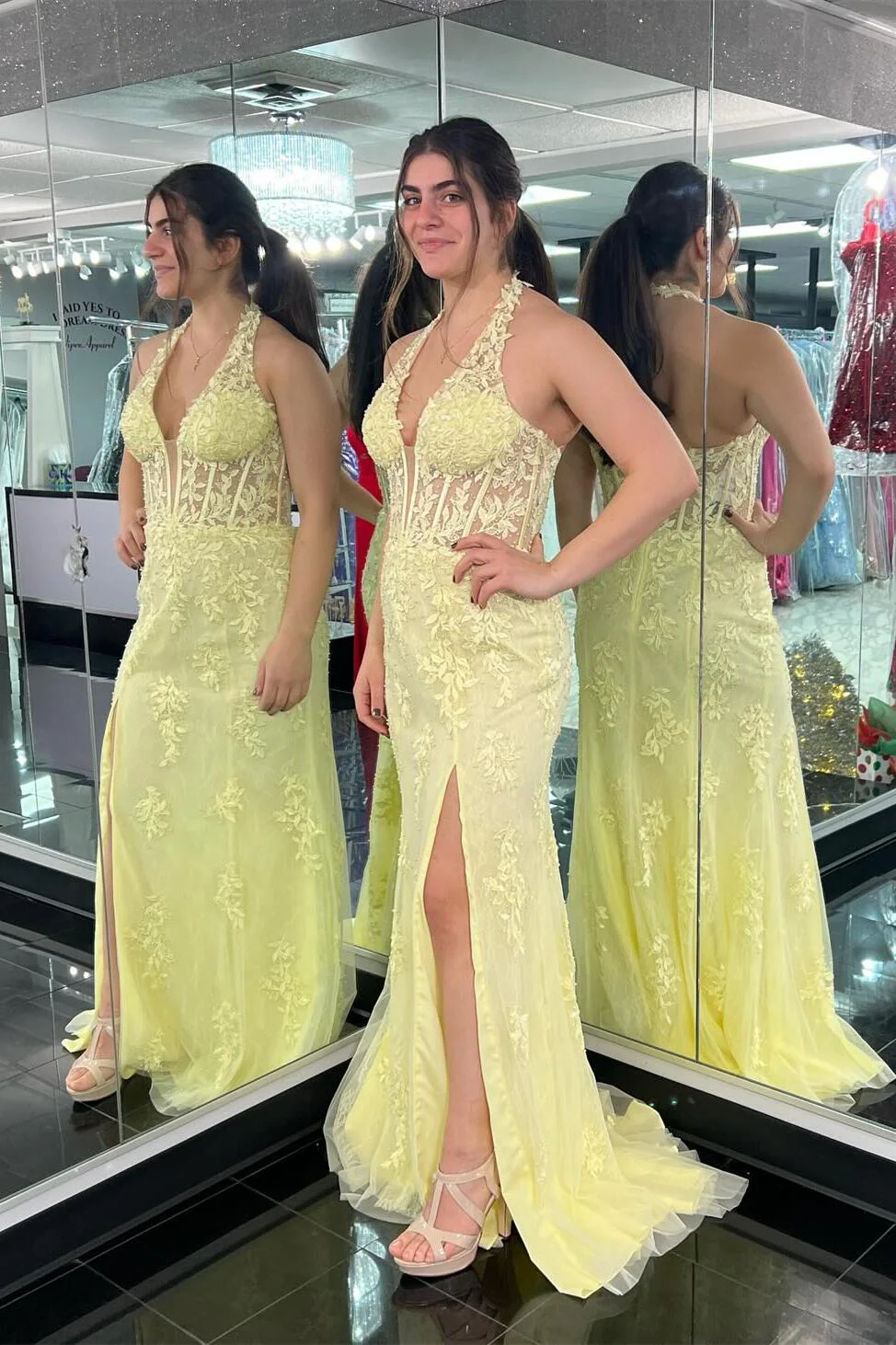 Halter Hot Pink Lace Mermaid Prom Dress - Image 4