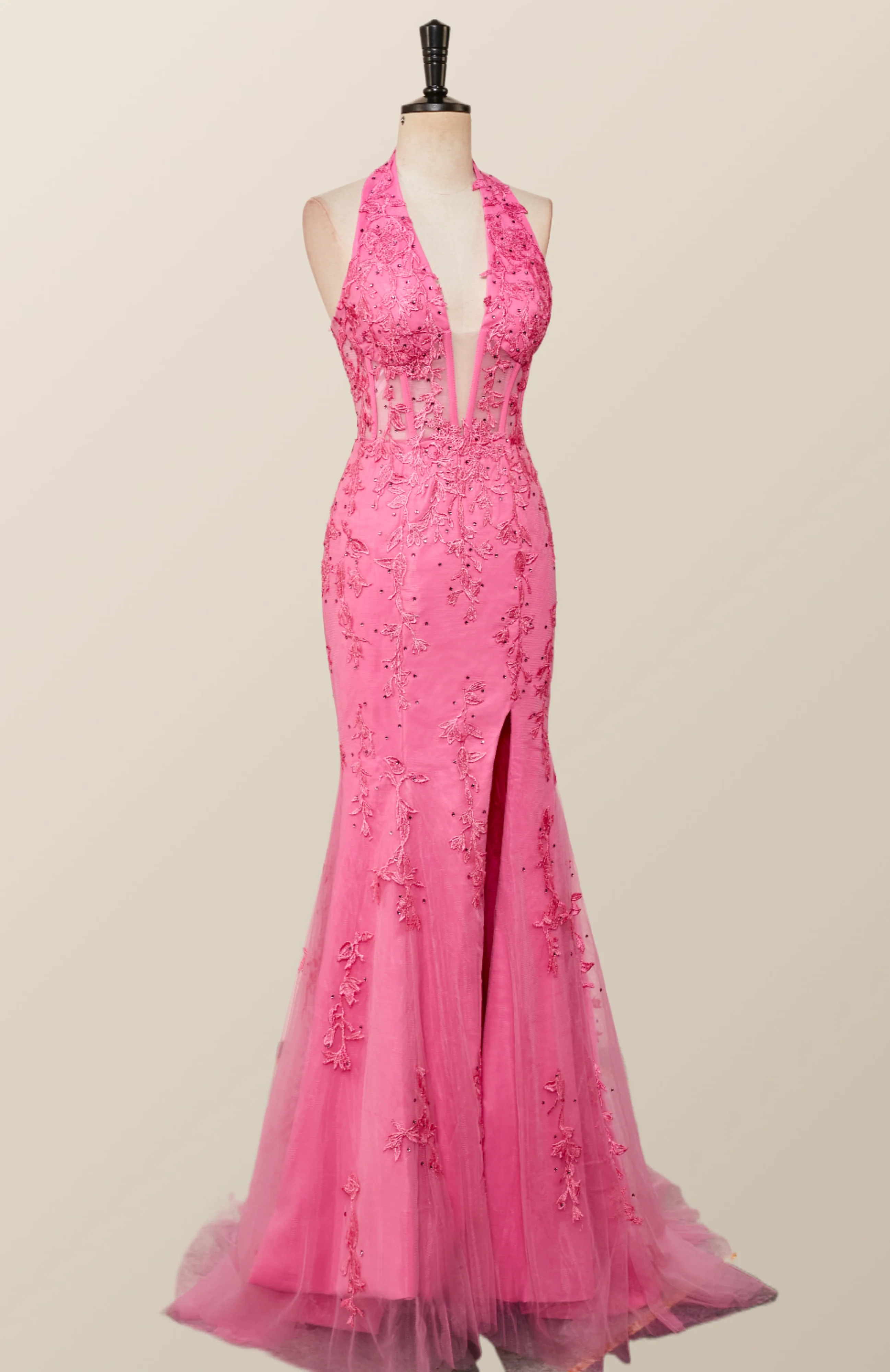 Halter Hot Pink Lace Mermaid Prom Dress - Image 9