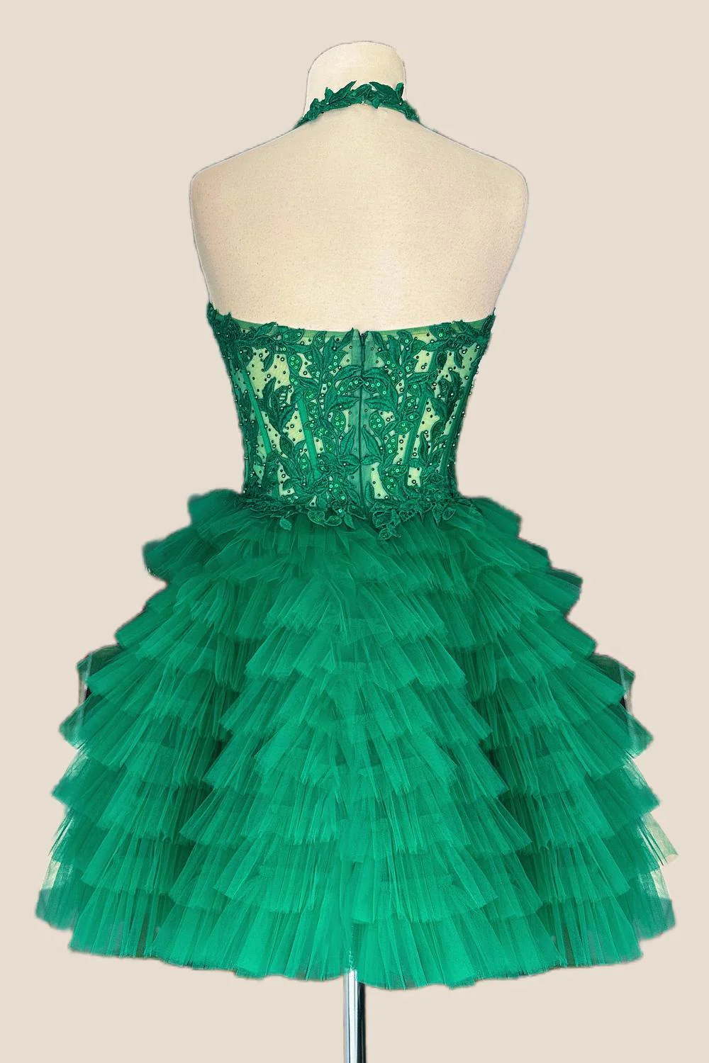 Halter Green Ruffle Short Dress with Appliques - Image 2