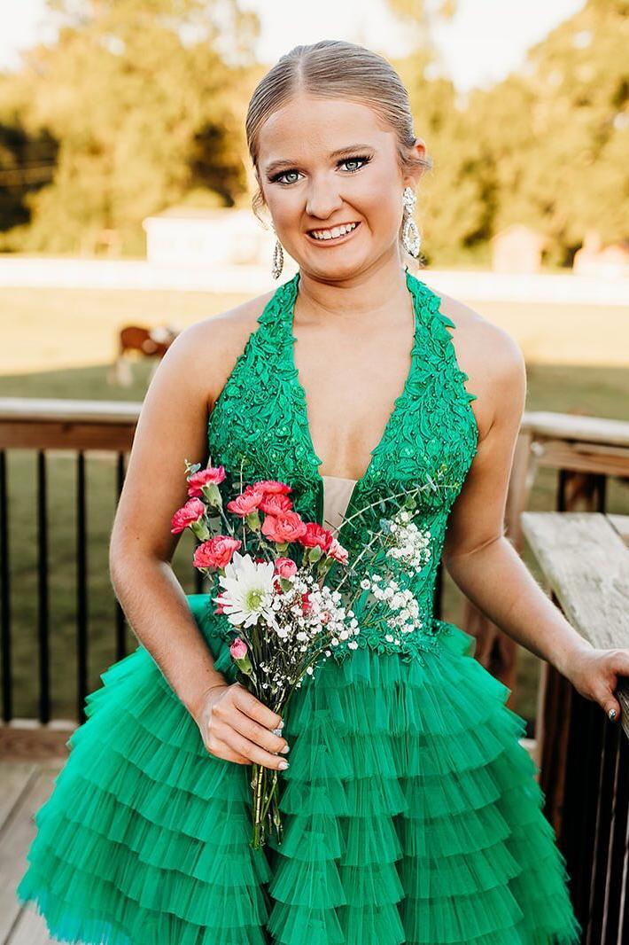 Halter Green Ruffle Short Dress with Appliques - Image 3